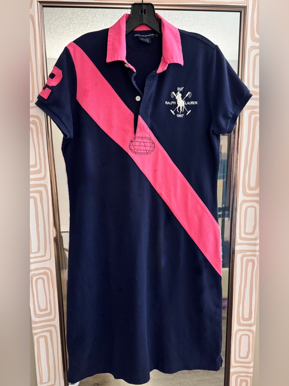 Vintage Ralph Lauren Large Polo Navy and Hot Pink Diagonal Polo Dress Sz L